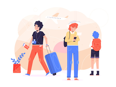 Travel airport bagpack blue character design drawing illustration line plane simple suitcase travel trip vector