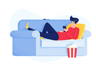 Home - app concept app character chillout coach comfort home illustration line man pillow popcorn red smartphone sofa vector