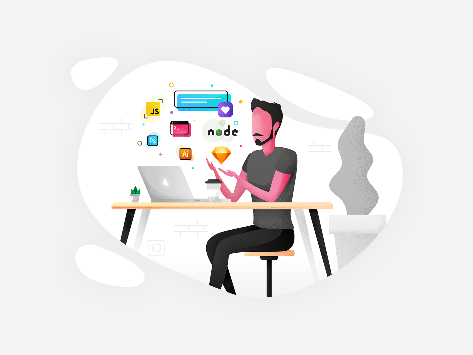 Desk 2d character design coffee drawing flat flat illustration illustration illustrator javascript macbook node js photoshop sketch ui vector