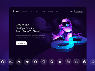 Cycode | Landing Page apps astronaut cloud code cyber dark mode devops devs galaxy hero section homepage illutration landing page moon pipeline repositories security services space