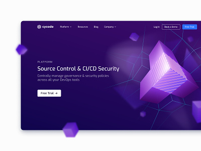 Cycode | Source Control & CI/CD Security 2fa activity authentication blurry cicd cta cyber devops free trial geometric hero section hexigon isometric landing page navigation policies ramotion security solutions use case