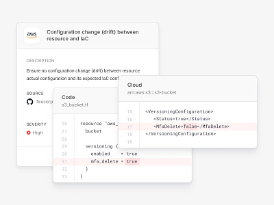 UI Component | Security Alert Cards alert card cloud code config configuration cyber design system devops drift github high notification popup resource rule security severity ui component