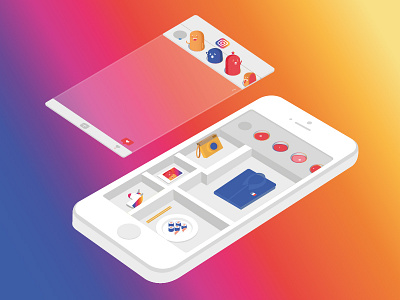 Instagram app concept cute illustration isometric mobile orthographic social vector