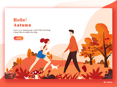 Hello apple autumn boy character dog flower follow girl illustration mountain tree