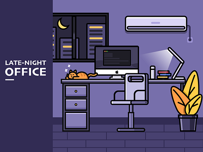 Late night office cat desk illustration mac night office