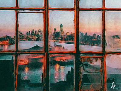 Behind graphic manipulation newyork ny painting red reflection see skyscraper sunset urban window