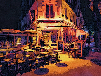 Chez Ginette café france illustration light manipulation montmartre paris reflection yellow