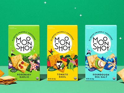 Moonshot Crackers branding bright colorful design illustration packaging regenerative agriculture snack brands sustainability sustainable brands