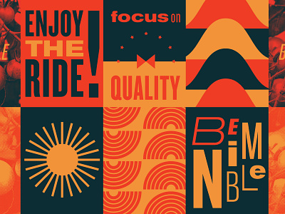 Guiding Principles bold branding empowering enjoy the ride fun illustration inspiration navy nimble orange pasta pattern playful quality red sunburst tile type typography