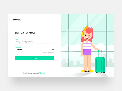 Travel website Signup account clean create account design drawing flat girl illustration lagguage login signup signupform simple suitcase travel travel website ui vector