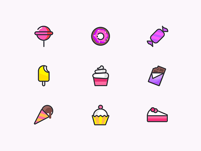 Sweet & Desserts Icon Set candy chocolates delicious design desserts flat ice creams icon sets icon style icondesign icons illustration sugerrush sweet sweets sweettooth ui ux vector yummy