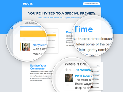Coming Soon To Disqus blue clean design gray interface yellow