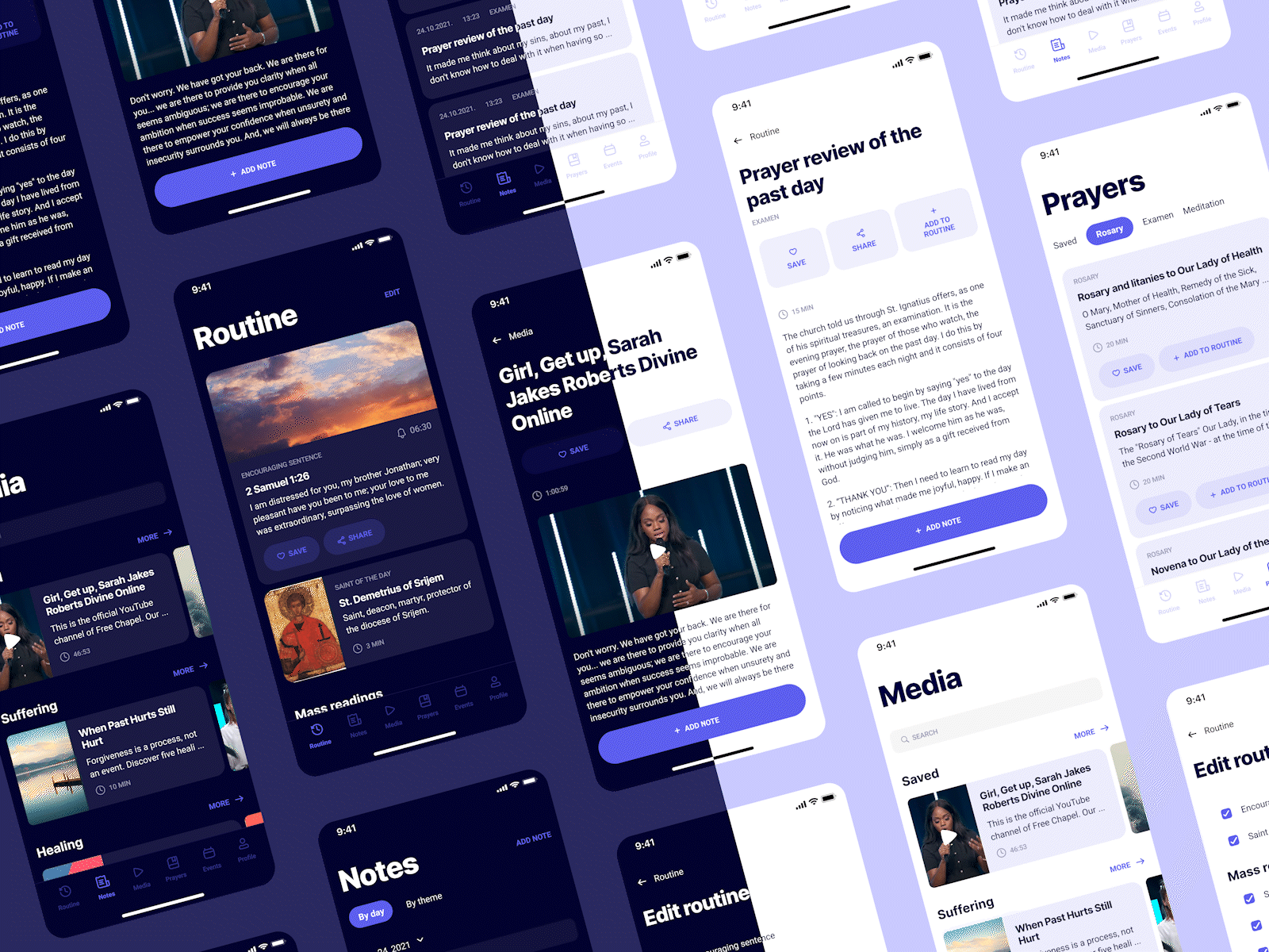 Mobile app for meditation card dark dark and white design mobile mobile app mobile app design mobile ui mobile uiux mobile ux purple tabs typography white