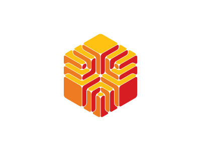 Quadrifid Logo 3d abstract cube design geometric hexagon isometric logo logomark mark orange red structure symmetrical vector yellow