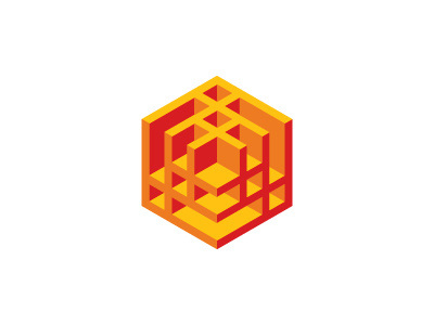 Pisciform Logo fish structure yellow orange red hexagon cube symmetrical design 3d geometric vector logomark mark logo