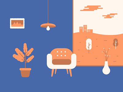Blue interior armchair blue city illustration orange plant vector