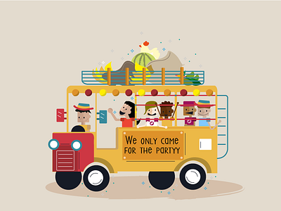 Bus Party characters flat illustrator