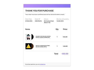 Email Receipt — 017 #dailyui 017 dailyui email email receipt music order vinyl