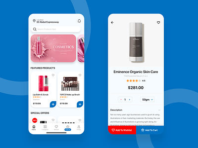 Beauty Products E-commerce App Design app app design application beauty app beauty products blue branding cosmetics product design ecommerce app flat homepage icon minimal product page red shopping ui ux
