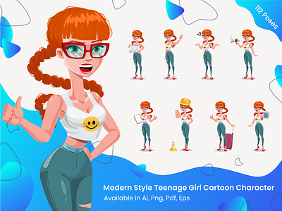 Cute Teenage Girl Cartoon Character Design Set - 112 Poses art bundle cartoon character collection cute design flat graphic illustration modern poses set teen teenage vector