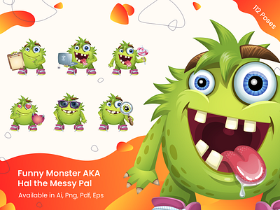 Funny Monster Cartoon Vector Character Set cartoon character collection colorful cool creature cute design fun funny graphic green happy illustration monster mouth pose poses set vector