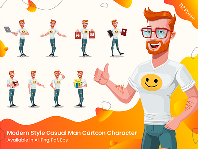 Modern Style Casual Man Cartoon Character beard cartoon casual character colorful design flat fresh glasses graphic illustration jeans male man modern red set tshirt vector