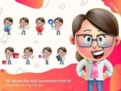 112 Poses Cute 3D Female Business Character Set 3d 3d art art business business illustration cartoon character colorful corporate design detailed glasses graphic illustration modern set smiling vector vector illustration