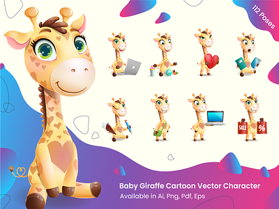 Baby Giraffe Cartoon Illustrations adorable animal baby baby clothes baby shower cartoon character child cute design giraffe graphic illustration kid