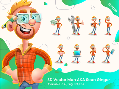 Vector 3D Character - Sean Ginger art cartoon casual character collection colorful concept design glasses goatee guy illustration man mascot modern popeye round vector