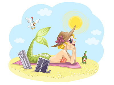 Mermaid on the beach illustration beach cartoon character funny girl graphic illustration mermaid summer sun vacation vector