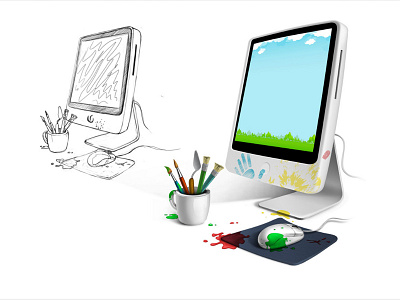 Art and digital - from draft to finish art cartoon color computer illustration mouse pencil splash vector