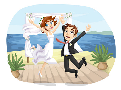 Happy beach wedding beach bride cartoon character design flat graphic groom illustration jumping vector wedding