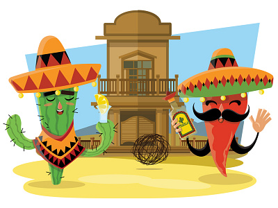 Cactus and Chilli Cartoon Characters cactus cartoon character chilli culture funny illustration mexico sombrero tequilla