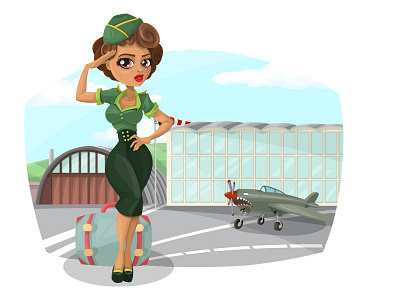 Pinup girl vintage cartoon character at the airport airport cartoon girl graphic illustration pinup plane travel vector woman