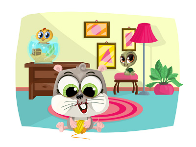 Pets in the house - cartoon characters cartoon character colorful design hamster home illustration pet scene turtle vector