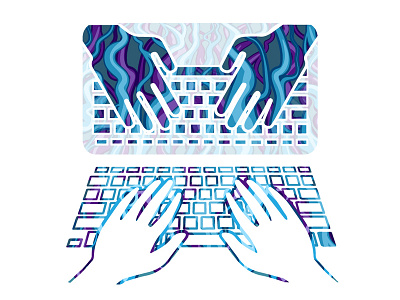 Digital world illustration abstract art contrast design digital hands illustration keyboard laptop mirror