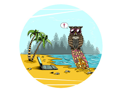 Holiday island beach colorful graphic holiday illustration island laptop ocean owl palms surf vector