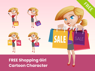 FREE Shopping Girl Cartoon Character Set bags cartoon character design discount flat free freebie girl graphic illustration pretty sale set shopping vector