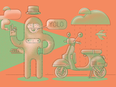YOLO cigarette clouds green hairy hat orange scooter texture