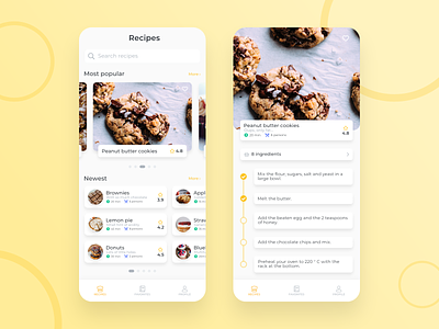 Recipes cook App app application brownie cake cakes checkbox clean cook cook book cookie cookies cooking design feed food list recipe recipe app ui yellow