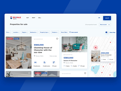 RE/MAX Malta Website blue design listing platform real estate search search results ui ux website