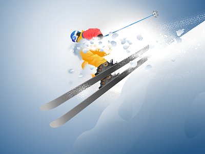 Skier blue character design gradient grain illustration light mountain ski skier