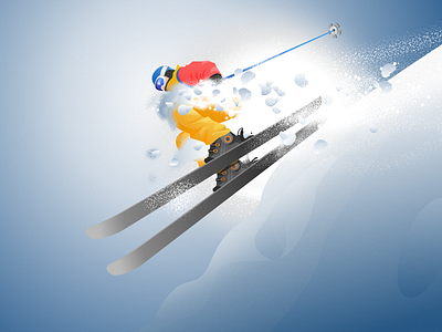 Skier blue character design gradient grain illustration light mountain ski skier