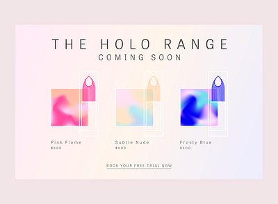 The Holo Range (Coming Soon) blue clean coming soon page cosmetic desktop gradient meshtool minimal pink product launch purple shop web website