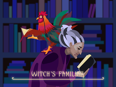 WITCH'S FAMILIAR 2d books familiar flat halloween illustration inktober occult reading rooster vector witch