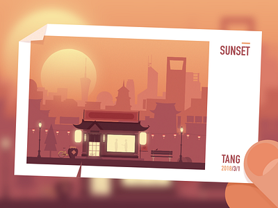 SUNSET chinese new year chinese style city illustration postcard sunset