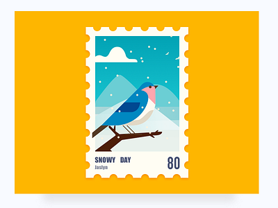 Stamps illustrations bird branches illustrations of snow the winter