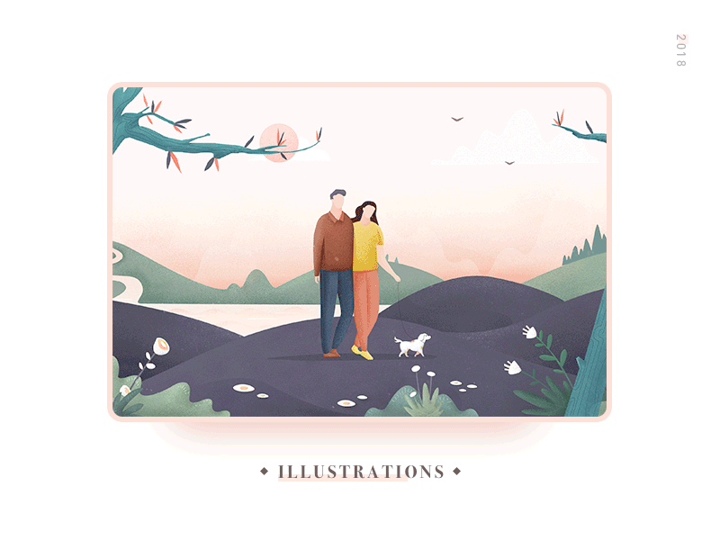 illustrations couples dog grass mountain pink sun the tree