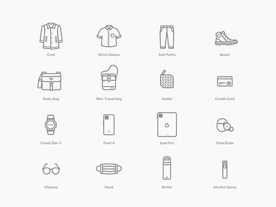 Personal Items Icons bag boots bottle buds flat glasses headphone icons illustration ipad mask mobile paints phone shirts wallet watch