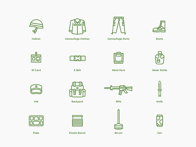 Military Equipment Icons backpack belt bench boots bottle broom can clothes equipment flat hat helmet icons id card illustration knife military pants plats rifle